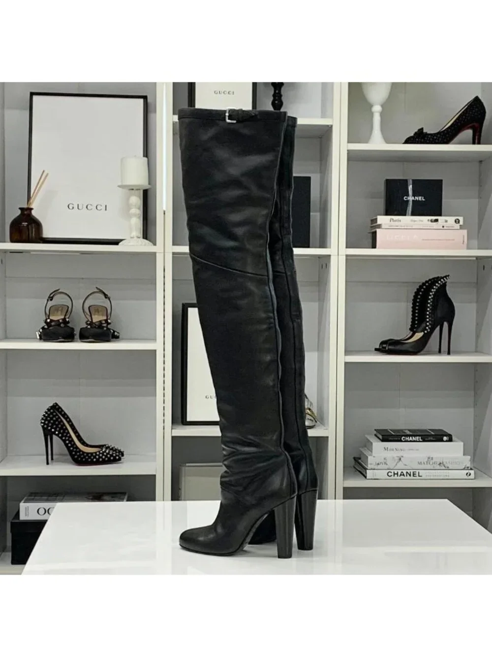Hermes Leather Knee High Boots Long Black